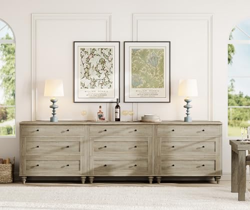 Image of WAMPAT Dresser for Bedroom with 9 Drawers, Kids Dressers with Wide Chest of Drawers, Modern Wooden Closet Storage Organizer, Large Wood Dressers for Living Room, Nursery, Hallway, Rustic Oak