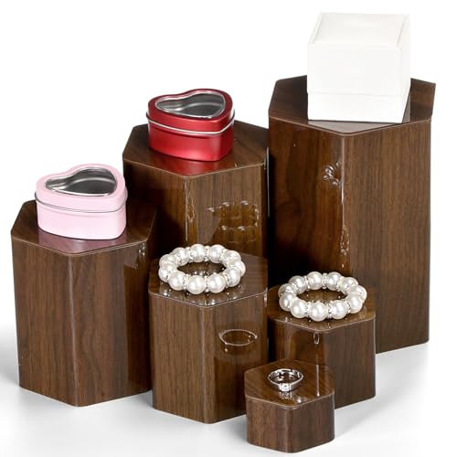 Image of Jetec 12 Pcs Hexagonal Jewelry Display Risers Hexagonal Market Display Risers Stands Acrylic Showcase Acrylic Stand for Jewelry Model Figures Decoration, 6 Sizes (Brown)