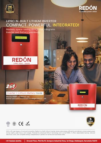Image of Redon LIPRO 2500+ 2 in 1 in-Built Lithium Inverter with Battery 2000VA Pure Sine Wave UPS 100Ah /25.6V LiFePO4 Wall-Mountable Bluetooth App Control Inverter for Home and Office Power Backup