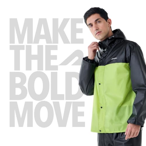 Image of Boldfit Rain Coat for Men Waterproof Raincoat Set for Women with Reflective Trim-Windproof Jacket & Pants Suit with Hood, Pockets & Breathable, Durable Fabric for Outdoor, Travel- Black Green, XL-XXL