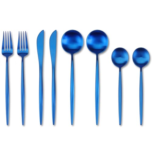 Image of aDai Sapphire Blue Silverware Set | Satin Finish 8-Piece Stainless Steel Flatware Set | Dishwasher Safe Cutlery for Home, Restaurant & Gifting