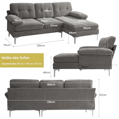 DUANDUAN Ecksofa 3-Sitzer Sofas 210cm breit Polsterecke mit Federkern Kissen und Rückenlehnen abnehmbar und waschbar - Chaiselongue beidseitig montierbar Couch L-Form fürs Wohnzimmer (Grau)