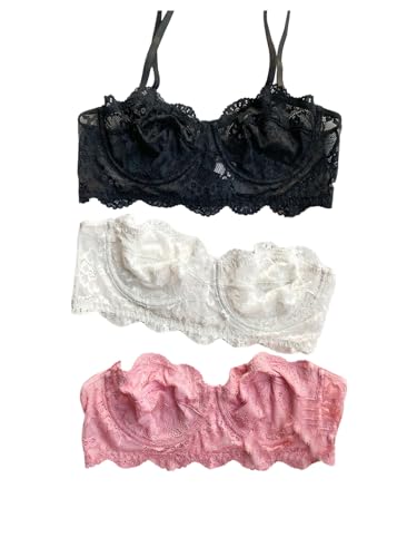 SHENHE Women's Lace Push Up Bra Scallop Floral Lace Underwire Unlined 3 pcs Set Lingerie Set Full Coverage Underwire