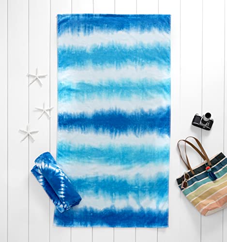 Welhome 100% Cotton Printed Beach 2 Piece Towel Set | Oversize Towels | Pool & Beach | Supersoft | Ultra Absorbent | Quick Dry | Machine Washable | Indigo Shibori & Tie Dye Stripe #TOP1