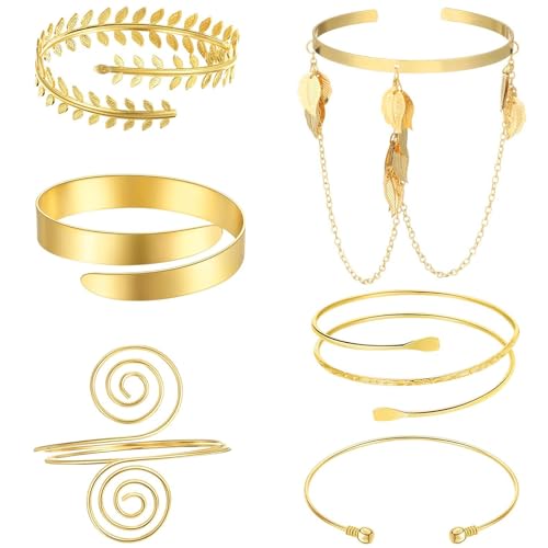 6 Pieces Gold Arm Cuff Jewelry Upper Arm Cuff Bracelets Bangle Adjustable Armband Set for Women