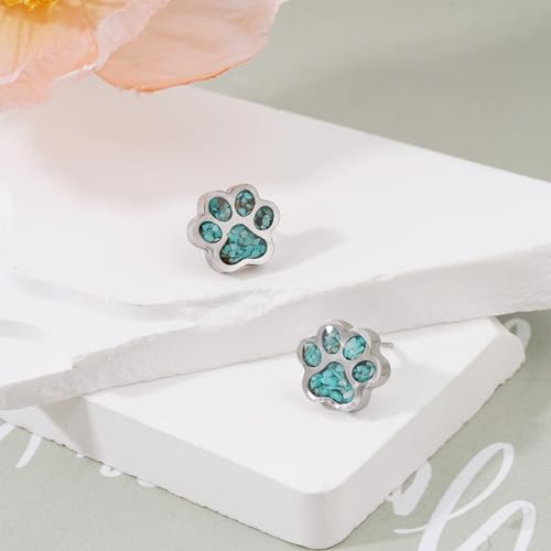 Lauren-Spencer Turquoise Dog Paw Earrings for Women Cute Small Paw Print Stud Earrings Stainless Steel Turquoise Gemstone Dog Jewelry for Women Girls Cat Dog Mom Earrings Animal Jewelry4