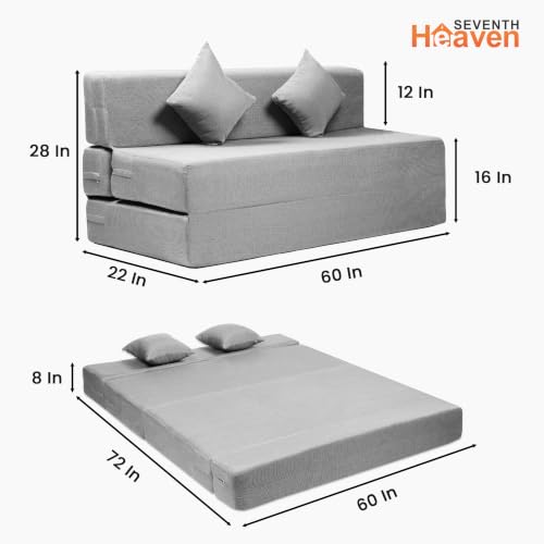 Image of Seventh Heaven Rejioce 3 Seater 5 * 6 Jute Fabric Washable Cover Sofa Cum Bed with 2 Cushions 3 Seater Double Foam Fold Out Sofa Cum Bed (Finish Color - Light Grey Delivery Condition - Pre-Assembled)