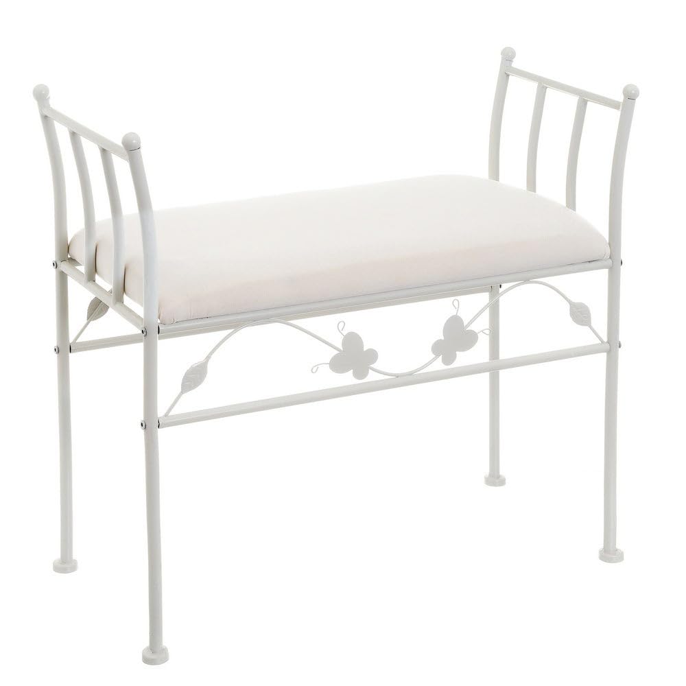 LOLAhome - Banqueta para pie de Cama de Metal Blanco y Asiento de Lino Beige. Taburete para Dormitorio o vestidor de 68 cm de Largo y 30 cm de Ancho. Altura Asiento 46 cm. Altura Total 64 cm