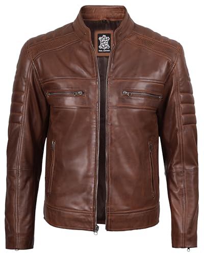 Image of fjackets Leather Jacket Men Real Lambskin - Cafe Racer Moto Style, Stand Collar Zip Up Jacket