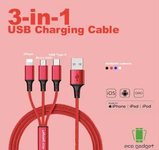 Image of 20W Dual USB Wall Charger with 3-in-1 Braided Cable, 1M