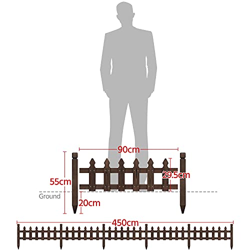Yaheetech 5 Stück Steckzaun Dekorative Holzzäune 450 x 55 cm, Palisade Gartenzaun aus Holz Zierzaun Beeteinfassung Sichtschutz braun, geeignet für Obstgärten, Beete, Wege
