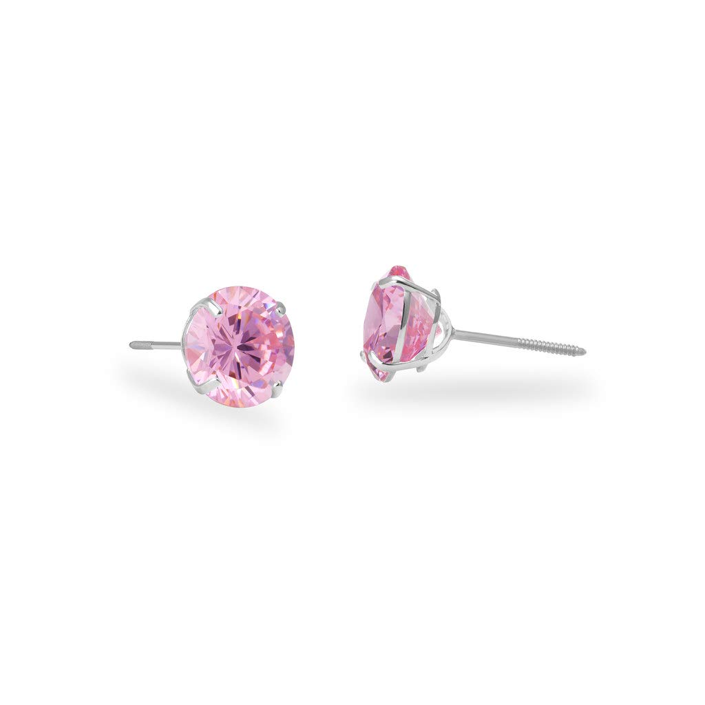 SOLIDGOLDReal 14K Gold Round Pink CZ Stud Screw Back Earrings | 0.030-4.00 CTW | Yellow, Rose & White Gold