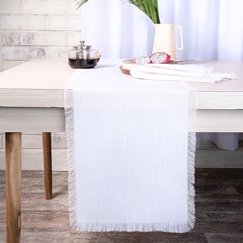 D'Moksha Homes Fringe Chambray Cream and White Table Runner 14 x 48 Inch - Faux Linen Table Runner - Wrinkle Resistant, Machine Washable Rustic Table Runner - 100% Recycled Fabric Cover