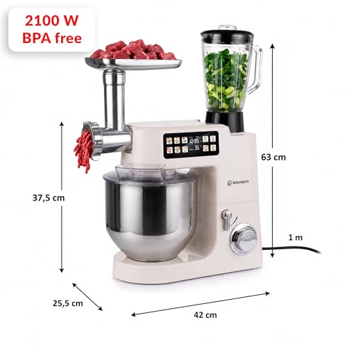 LEHMANN Teyles Robot planetarny 2100W 8L z wagą, wyświetlaczem dotykowym i podgrzewaną misą, robot kuchenny do ciasta, blender 1,5L, maszynka do mięsa, Beżowy
