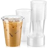 Clear Plastic Cups with Flat Slotted Lids for Iced Cold Drinks 16 Ounce, Disposable, Medium Size [50 Pack]