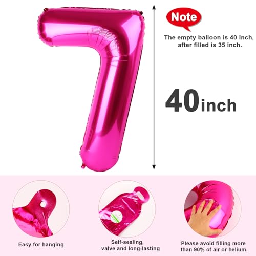 Image of Number 7 Balloon Birthday Decorations, 40In Hot Pink Balloons for Party | Eye-catching Appearance, Perfect Decorative Centerpieces, Convenient Self-sealing Structure, Widely for Various Occasions