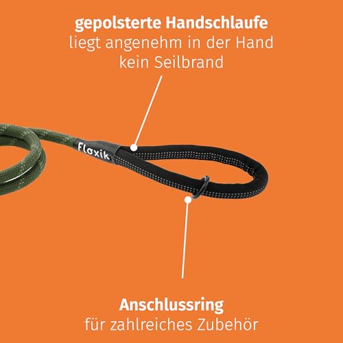 Floxik Tauleine für Hunde Grün | Innovative 1,5m Hundeleine mit Zwei Griffen und reflektierenden Nähten für mittelgroße & große Hunde | wetterbeständiges & belastbares Kletterseilmaterial