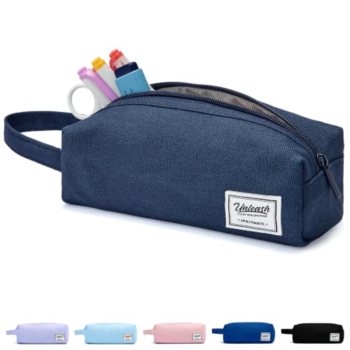 Image of SPACEMATE Pencil Case Pouch Box Bag School Supplies Girls Boys Kids, Cute Preppy Stuff Large Big Capacity Aesthetic Canvas Pen Organizer, Back to College Stationary, Navy Blue, Simple Style, 1200ml