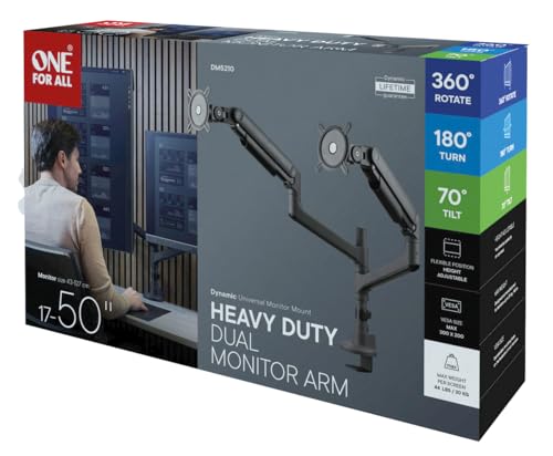 Braccio Doppio Monitor Universale Heavy Duty One For All-17-50 Pollici-Vesa 75/300 Mm-Regolazione Dell'altezza-Inclinazione (70°), Rotazione (180°) E Rotazione (360°) - 20 Kg Per Schermo-Nero (DM5110) - 8