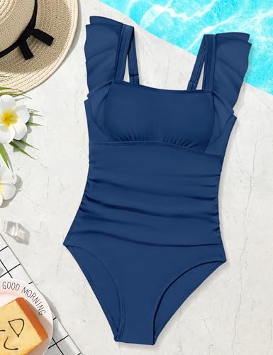 Image of Qaoerde Girls One Piece Swimsuits Ruffle Solid Color Bathing Suit for 9-16Y | Adjustable Straps, Ruched, Padded