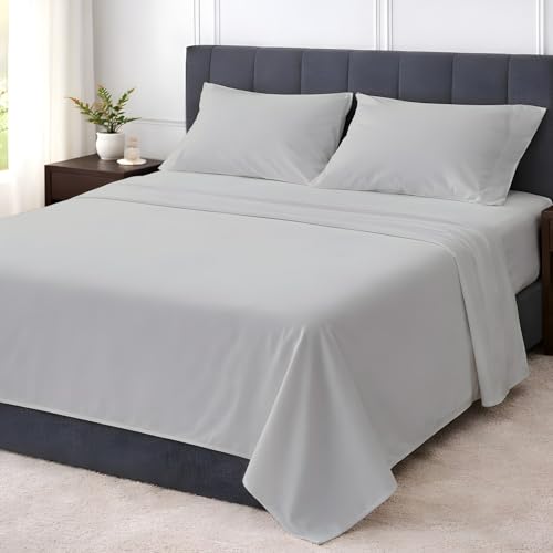 Shreem Linen RV King 4 Piece Sheet Set, 1800 Ultra Soft Hotel Luxury Bedding, Breathable and Cooling, Deep Pockets Fit 8-16 Inch Mattress, Light Grey