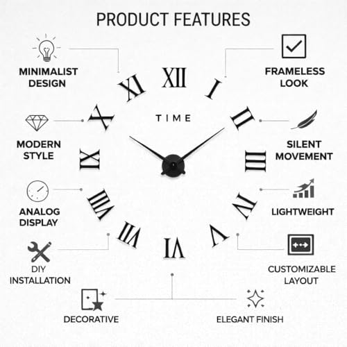 Image of PulGos 40cm DIY Wall Clock - 3D Modern Roman Numeral Sticker Clock - Large Frameless Self-Adhesive Wall Decor for Living Room, Bedroom & Office - Stylish Giant Acrylic Surface Timepiece for Home