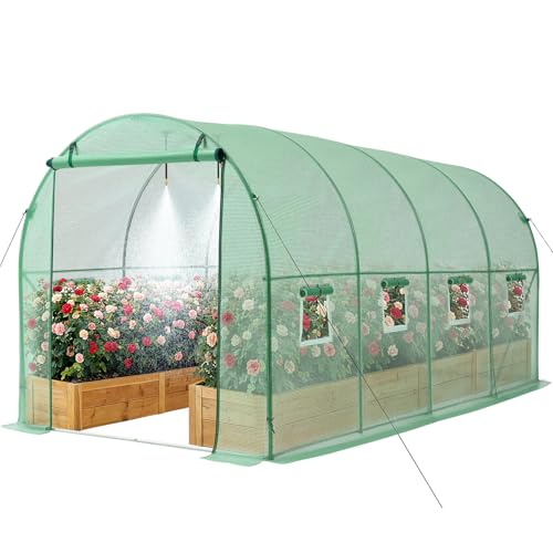 Image of VEVOR Walk-in Tunnel Greenhouse, 15 x 7 x 7 ft Hoop House Greenhouse Tunnel with Watering System, Plant Hot House with Steel Frame, PE Cover, Roll-Up Zipper Door and 8 Windows for Outdoors, Green