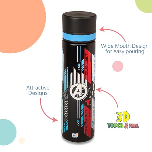 Image of SKi Homeware ALIA Premium Stainless Steel Sipper Bottle for Kids | 3D Disney Touch & Feel Print | Wide Mouth + Sipper | BPA-Free, Odorless | 900ml | Leak-Proof | Carrying Sling (Avengers)