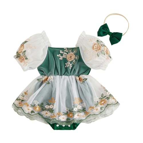 Image of Siyova Infant Baby Girl Summer Outfits Flower Embroidered Mesh Short Sleeve Romper Dress and Bow Headband 2 Pcs Newborn Romper Set (Green, 0-3 Months)