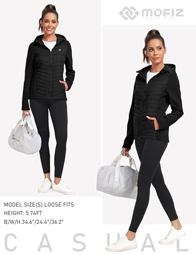 Image of MoFiz Womens Fleece Lined Softshell Jacket Hooded Lightweight Insulated Puffer Hybrid Down Jacket Full Zip Running Coat