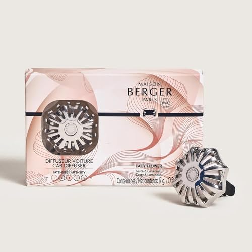 Image of MAISON BERGER Car Diffuser Set, Corali Lady Flower | Jasmine Mimosa Rose Notes, Refillable Vent Clip with Ceramic Refill, Passive 4-Week Diffusion, Made in France