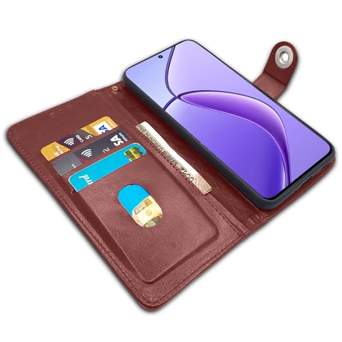 Image of Pikkme Flip Cover Leather Finish | Inside TPU with Card Pockets | Complete Protection Button Flip for Realme Narzo 70x 5G / N65 / Realme 13 /12 /12X 5G /C65 (Brown)