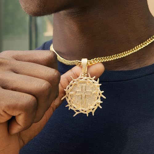 HELLOICE Iced Out Crown of Thorns with Cross Medallion Pendant Necklace Full CZ Pendant with 5mm 24inches Cuban Chain 14K Gold Plated Pendant Necklace for Women Men3