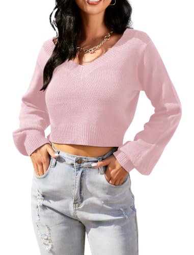 Image of ZAFUL Women's Cropped Sweater V-Neck Long Sleeve Pullover Jumper Knit Top | Crop Length, Ribbed Knit, Double V design, White sweater, Raglan sleeves, lantern sleeve, Fall & Winter, Loose fit, Oversized