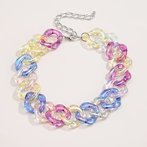 Xerling Colorful Rainbow Acrylic Link Chain Necklace Punk Chunky Boho Iridescent Necklace for Women Teen Girls Multi-Colored Curb Chain Choker for Party Modern Necklace3