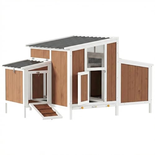 PawHut Gallinero para Exterior de Madera, 145x90x92 cm para 2-4 Gallinas, Gallinero con Nido, Casa Lateral, Bandeja Extraíble, Techo Impermeable, Puertas con Cerradura, Perchas, Conejera, Marrón Claro