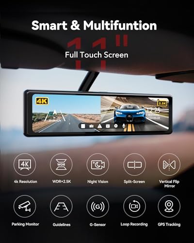 Image of REDTIGER T27 Mirror Dash Cam,Front and Rear Mirror Camera with 4K+2.5K,11 Inches UHD Touch Screen Rearview Mirror for Car,32GB Card Included,GPS,Night View,Parking Mode