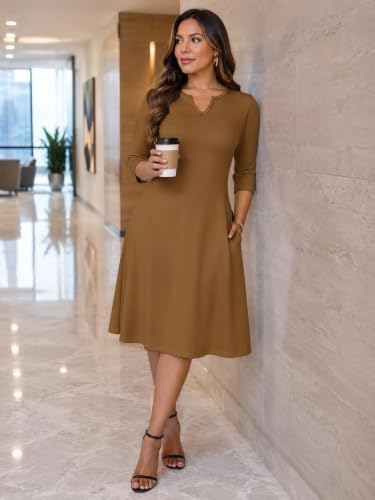 Image of PinkPatty Women's Casual 3 /4 Sleeve Midi Dresses Fit and Flare Church Work Dress with Pockets