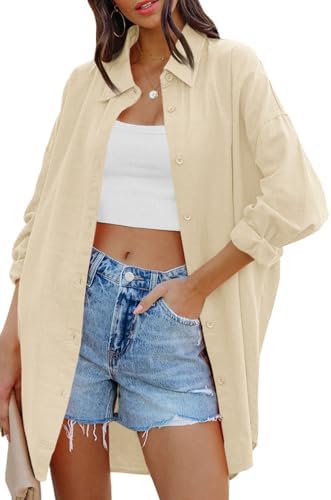Cicy Bell Damen Bluse Oversized Langarm Button Down mit Taschen | Oberteil,Casual,Langarmshirt,Einfarbig,T-Shirts,Herbst Locker Tops,Hemd