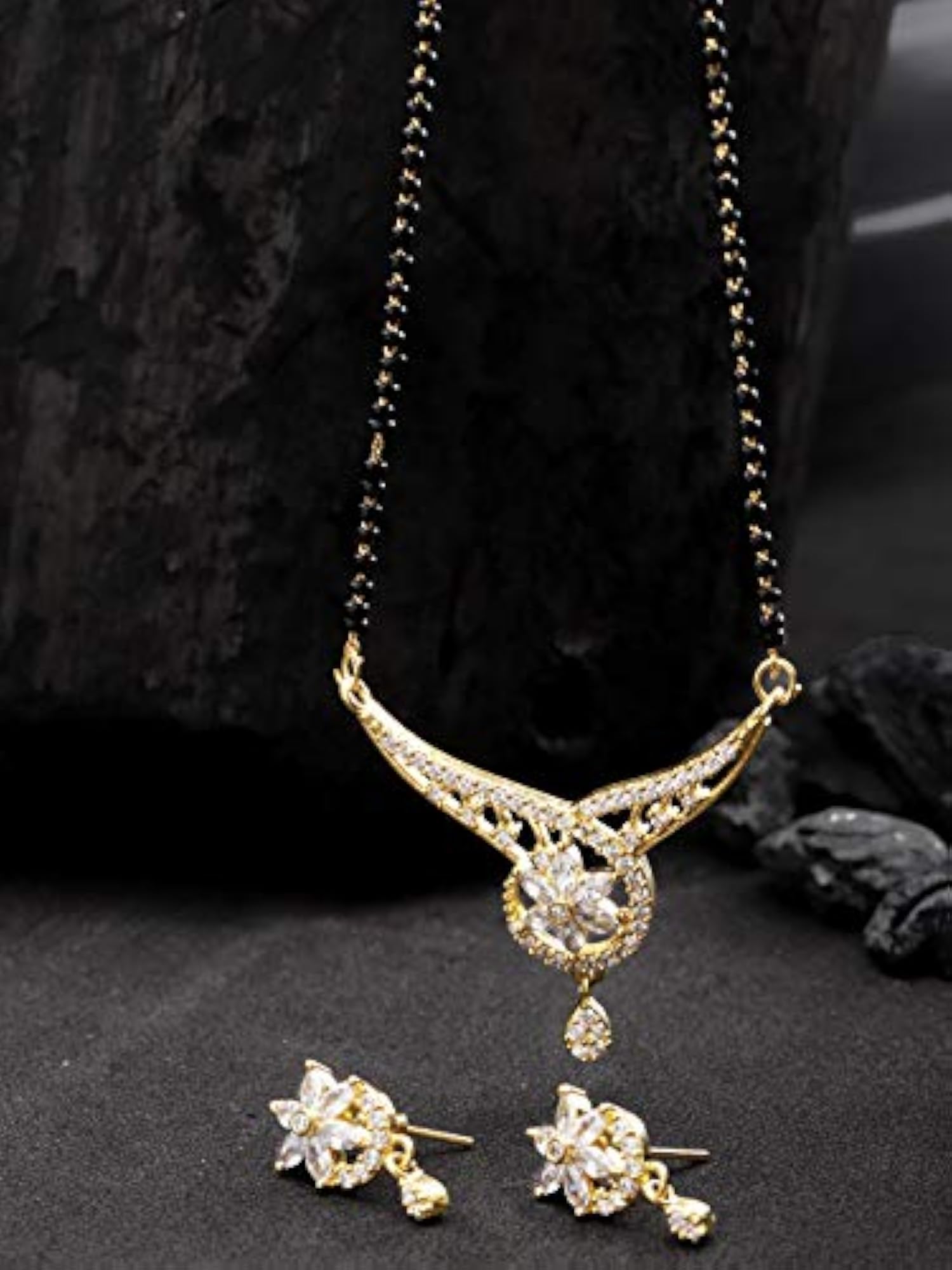 Designer Floral Shaped American Diamond Mangalsutra Set