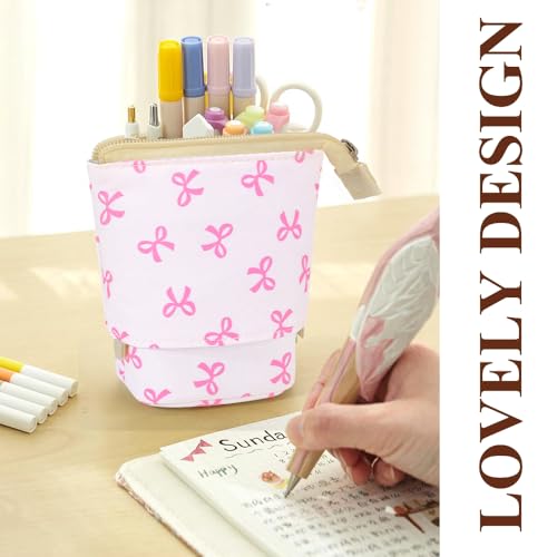 Image of KPX Cute Standing Pencil Case Pen Holder for Kids, Pop Up Stand UP Bubble Tea Pen Organizer Kawaii Stationary for Christmas Holiday New Year Office (Bow)