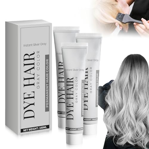 Instant Haarfarbe Grau Silber Haarfarbe, Metallic Grau Haarfarbes, Silbergrau Professionelle Creme mit Arganöl, Nährende Pflege für langanhaltende Farbfixierung, für Alle Haartypen (3PC)