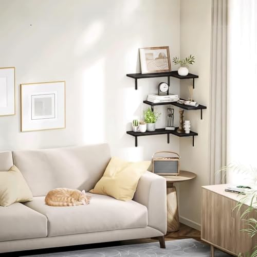 Image of Dime Store Modern Engineered Wood Corner Wall Shelf Set for Living Room & Bedroom - Floating Corner Shelves with Metal Brackets - Storage & Display Shelves for Home Decor, Office & Kitchen (Black)
