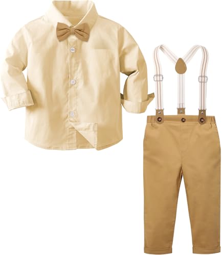 mintgreen Costume Bebe Garcon, Enfant Mariage Vetement Bapteme Tenue Ceremonie Manches Longues Chemises + Pantalon + Bretelles + Nœud Papillon, Couleur Kaki,...