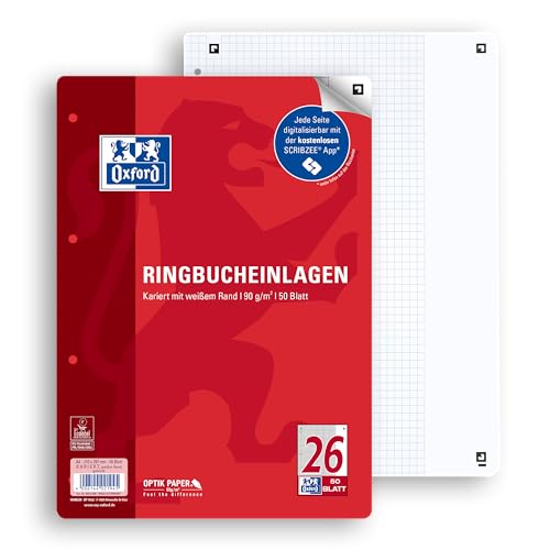 Oxford Ringbucheinlagen A4 kariert mit breitem, weißem Rand rechts, Lineatur 26, 50 Blatt (Packung mit 2)