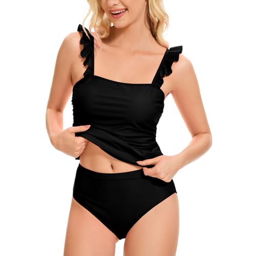 Tankini Swimsuit for Women Two Piece Tummy Control Bathing Suit Ruched Ruffle Swimwear Top with Bottom