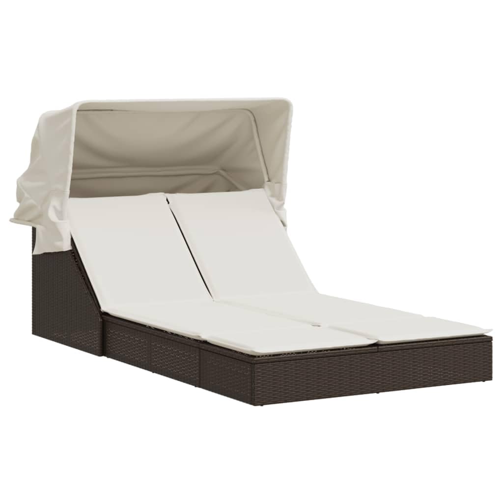 Lit double avec auvent et coussins marron en polyrotin, chaises longues de jardin, chaises longues de plage, lit de jardin, lit de plage, lit de plage, lit de jardin, lit de jardin