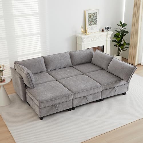 Image of ORRD Sleeper Modular Sectional Sofa Set, Convertible Couch Bed with Storage, 6 Seater and 3 Armrestes Sofa Modular for Living Room, Office (Grey)