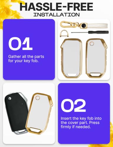 Image of Lucrum Key Fob Cover for Kia, TPU KeyFob Case & Leather Keychain | Fits ONLY FLIP Cadenza Forte K5 Niro Seltos Sorento Soul Sportage, 4 Button Keyfob Case (2018-2025) - White and Gold