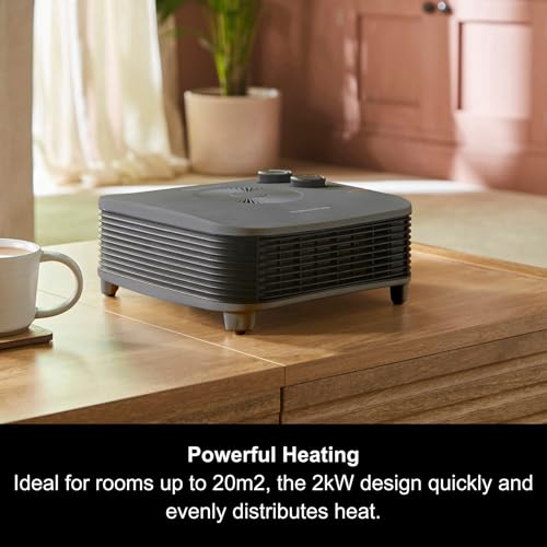 Morphy Richards HeatFlux 2kw Flat Fan Heater, 20m2, Adjustable Thermostat, Lightweight, Compact, Portable, Low Noise, Wide Angle Heat Output, Overheat Protection, Grey, 825101